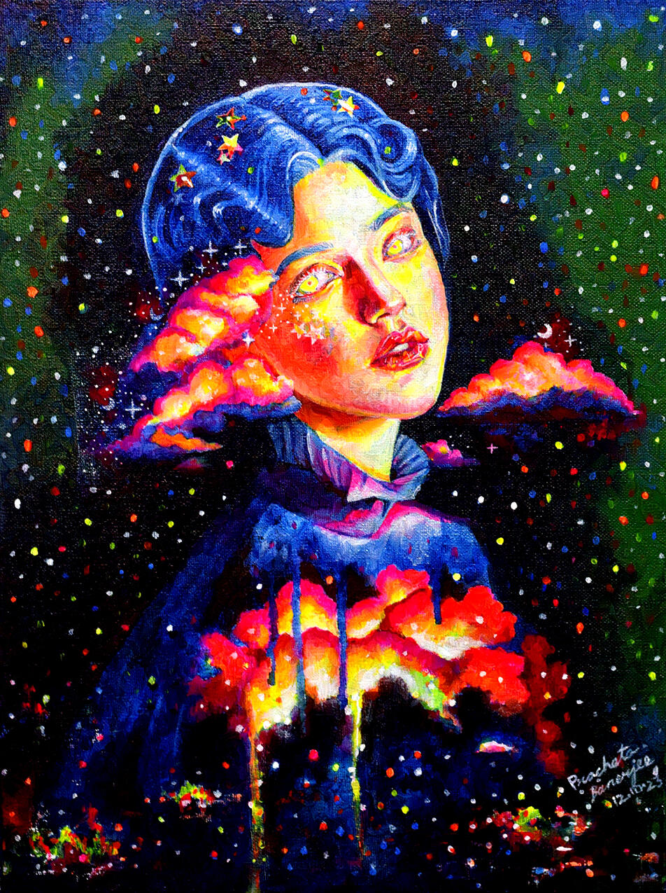 Night Acrylics, Acrylic Painting, Night, Clouds, Girl, Illustration, Illustrator, Pracheta Banerjee